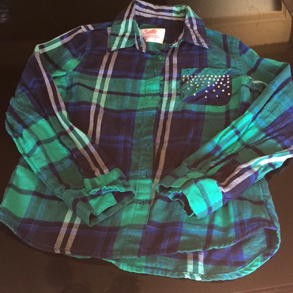 Justice ‎ long sleeve plaid green and blue shirt size 6